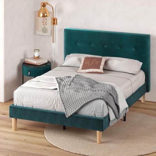 Giường Zinus Queen vải nhung Màu xanh lá cây 